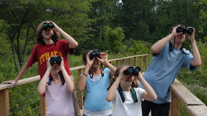 kids looking through binoculars