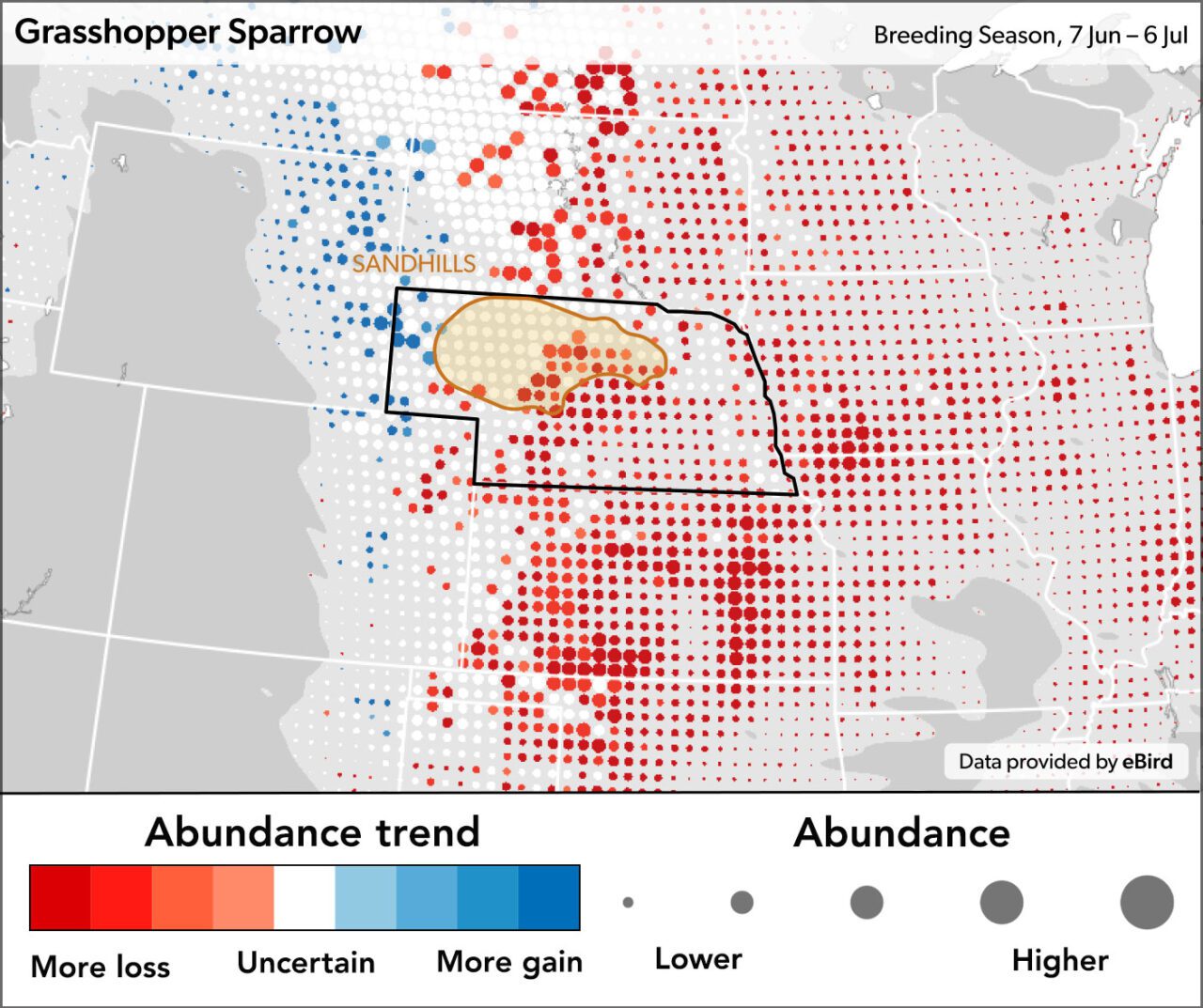 Map with dots showing the abundance of Grasshopper Sparrow from 7 June to 6 July.