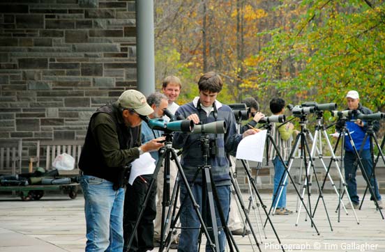 Lab staff review spotting scopes