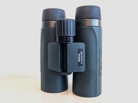 Gray/green binoculars with dark gray eyepieces and focus wheel.