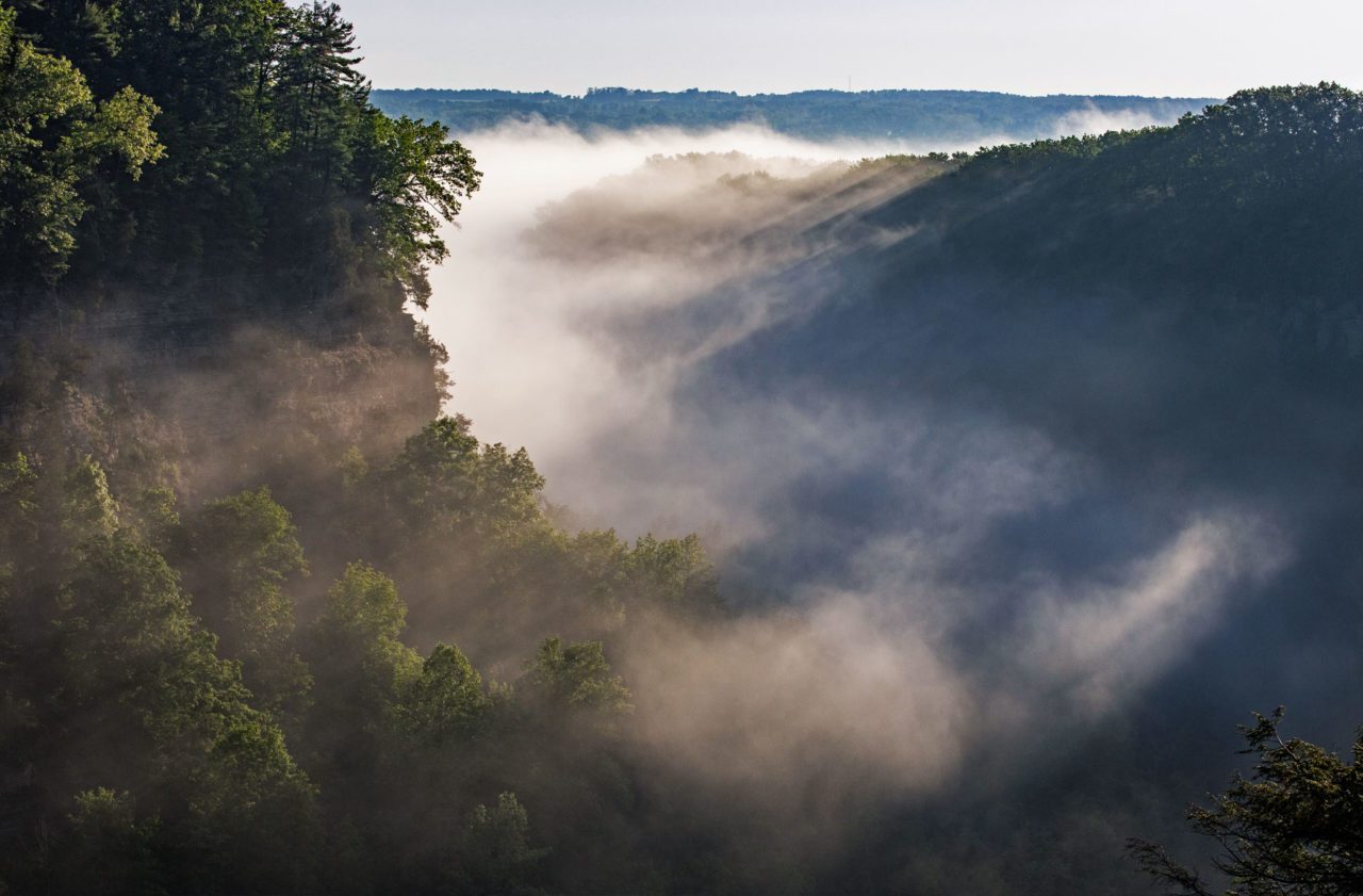 Photo of mist in gorge--The gorge is hundreds of feet deep and can trap mist giving it an otherworldly feel. Photo by Andy Johnson.